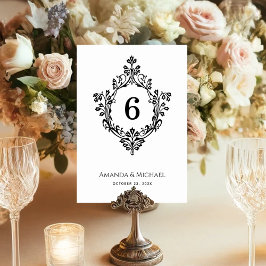 Tarjeta De Mesa Escudo Boda Elegante Ornate Blanco y Negro