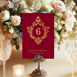 Tarjeta De Mesa Escudo Burgundy Faux Gold Vintage Elegant Wedding