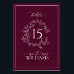 Tarjeta De Mesa Escudo de Leafy de Borgoña Monograma Boda floral<br><div class="desc">Los números de las mesas están muy bien diseñados y cuentan con un sofisticado escudo monograma. El fondo burdeos profundo desprende calidez y elegancia, lo que conduce a los huéspedes a sentarse sin esfuerzo y a mezclarse perfectamente en una elegante escapada. Diseñado para bodas con una estética atemporal, esta pieza...</div>