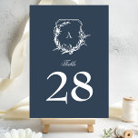 Tarjeta De Mesa escudo de monograma azul marino botánico clásico<br><div class="desc">Los números de las mesas bodas son para un boda clásico romántico al aire libre, inspirado en el jardín o simplemente un amor por los florales y botánicos con su limpio y clásico elemento de elegancia de diseño y tipografía de texto de Phrosne Ras Design hacen que los detalles y...</div>