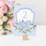 Tarjeta De Mesa Escudo del Boda de acuarela de Hydrangea azul<br><div class="desc">Esta hermosa tarjeta con un número de mesa floral cuenta con un escudo azul acuarela con flores hidrangea y tu texto personalizado a ambos lados de la tarjeta. Utilice la plantilla para rellenar su información. La función "Personalizar más adelante" se puede utilizar para cambiar el tipo de letra (tamaño, estilo,...</div>
