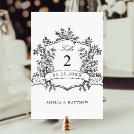 Tarjeta De Mesa Escudo floral clásico Boda blanco y negro