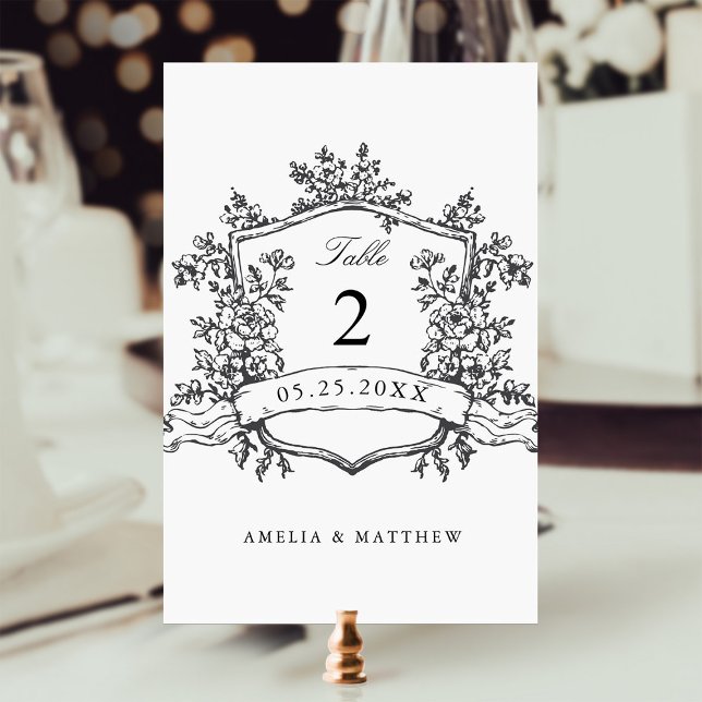 Tarjeta De Mesa Escudo floral clásico Boda blanco y negro (Subido por el creador)