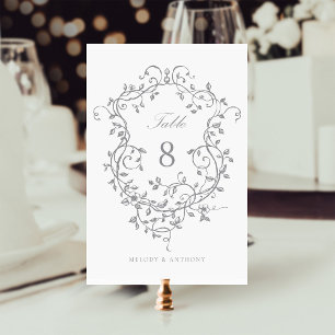 Tarjeta De Mesa Escudo floral gris elegante de estilo victoriano