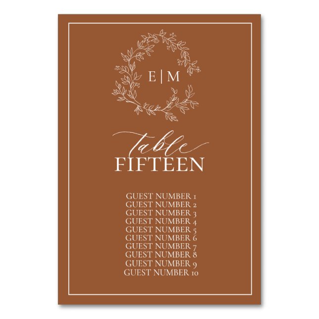 Tarjeta De Mesa Escudo moderno de terracota Leafy Monograma Boda (Anverso)