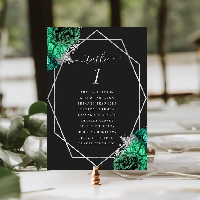 Tarjeta De Mesa Esmeralda Verde Floral Plata Geo Boda negro (Subido por el creador)