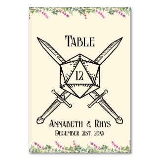 Tarjeta De Mesa Espada floral rosa oscuro inspirada en D20 RPG
