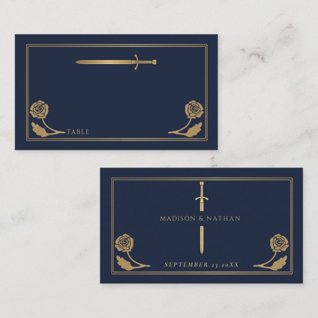 Tarjeta De Mesa Espada Real Medieval Azul Dorada Boda (Anverso / Reverso)
