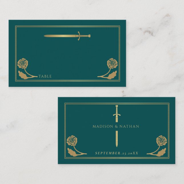 Tarjeta De Mesa Espada Real Medieval Azul Teal Dorada Boda (Anverso / Reverso)