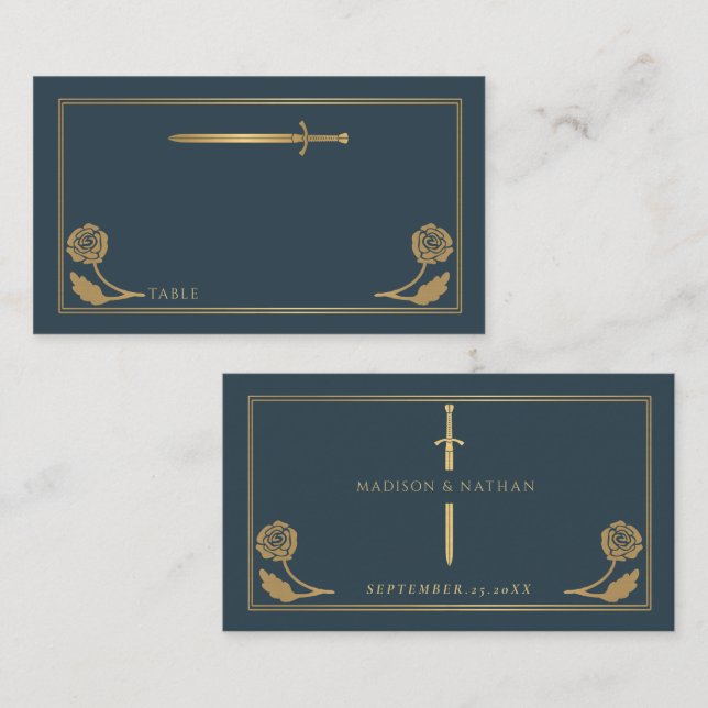 Tarjeta De Mesa Espada Real Medieval Gris Dorado Boda (Anverso / Reverso)
