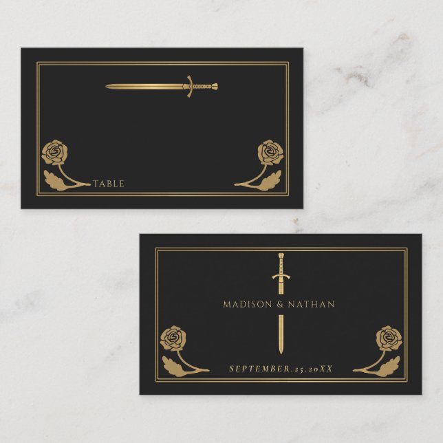 Tarjeta De Mesa Espada Real Medieval Negra Dorada Boda (Anverso / Reverso)