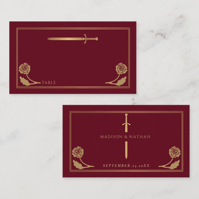 Tarjeta De Mesa Espada Real Medieval Roja Dorada Boda (Anverso / Reverso)