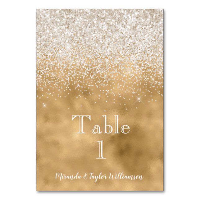 Tarjeta De Mesa Esparkle Purpurina blanco Glam Gold (Anverso)