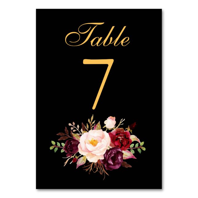 Tarjeta De Mesa Especial - Floral Burgundy Black Gold Boda (Anverso)