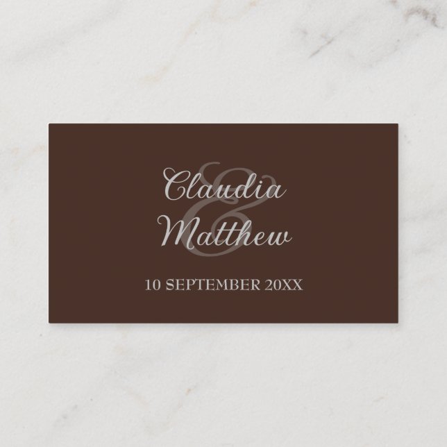 Tarjeta De Mesa Espresso Brown and Silver Script Wedding  (Reverso)