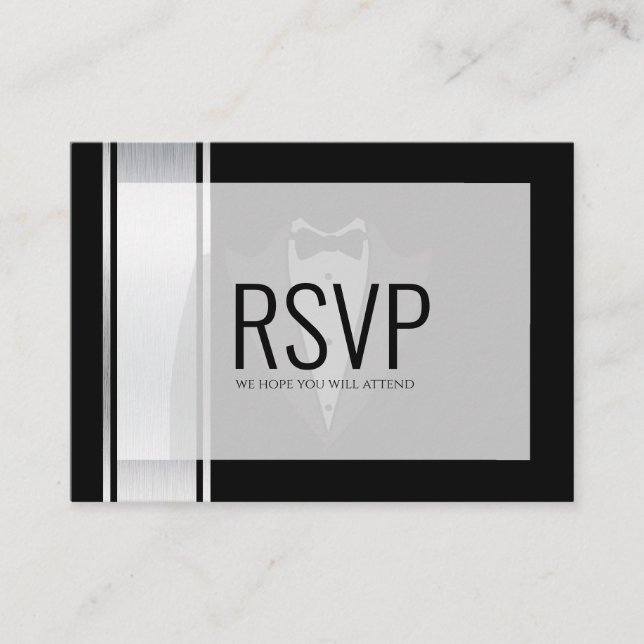 Tarjeta De Mesa Este rsvp del partido de solteros blanco y negro (Anverso)