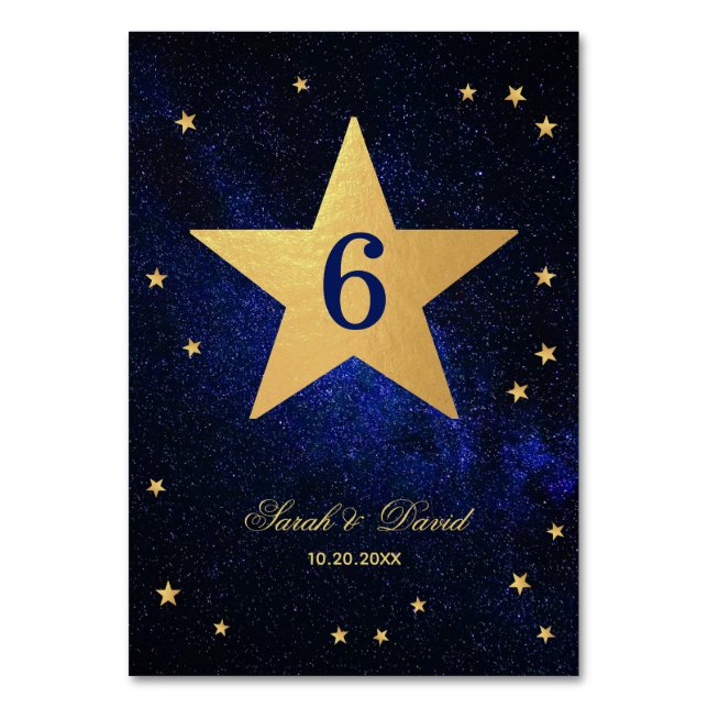 Tarjeta De Mesa Estrella Boda Celeste Faux Relieve metalizado dora (Anverso)