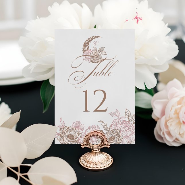 Tarjeta De Mesa Estrella elegante floral celestial de la luna Quin (Elegant Floral Celestial Moon Star Quinceanera Table Number (Front))