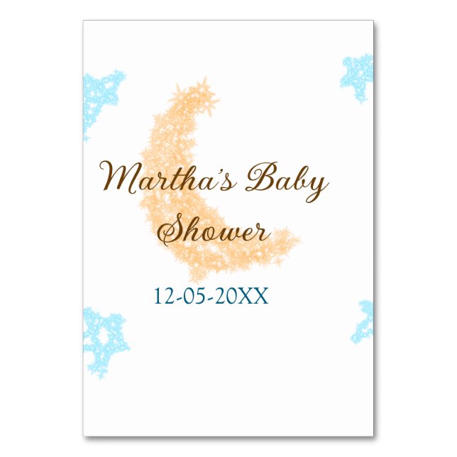 Tarjeta De Mesa Estrellas azul luna naranja purpurina ducha gorda (Anverso)