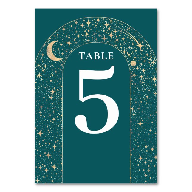 Tarjeta De Mesa Estrellas celestes Boda Verde azulado Número de ta (Anverso)