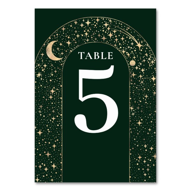 Tarjeta De Mesa Estrellas celestes Boda verde esmeralda (Anverso)