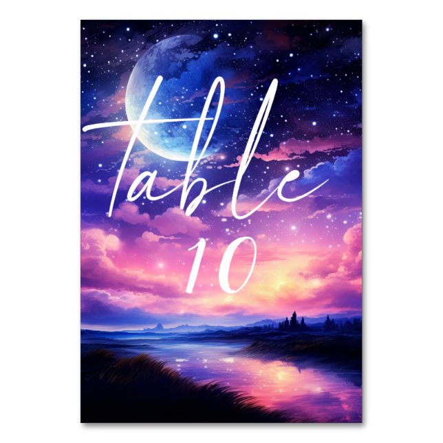 Tarjeta De Mesa Estrellas celestes llenas de luna nubes Boda místi (Anverso)