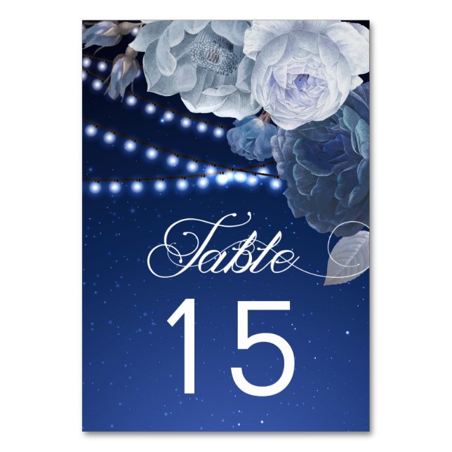 Tarjeta De Mesa Estrellas de luces de cadena Boda elegante azul (Anverso)