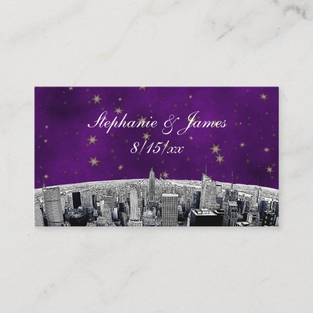 Tarjeta De Mesa Etched NYC Skyline 2 Purple Gold Star Place Card (Anverso)