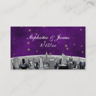 Tarjeta De Mesa Etched NYC Skyline 2 Purple Gold Star Place Card