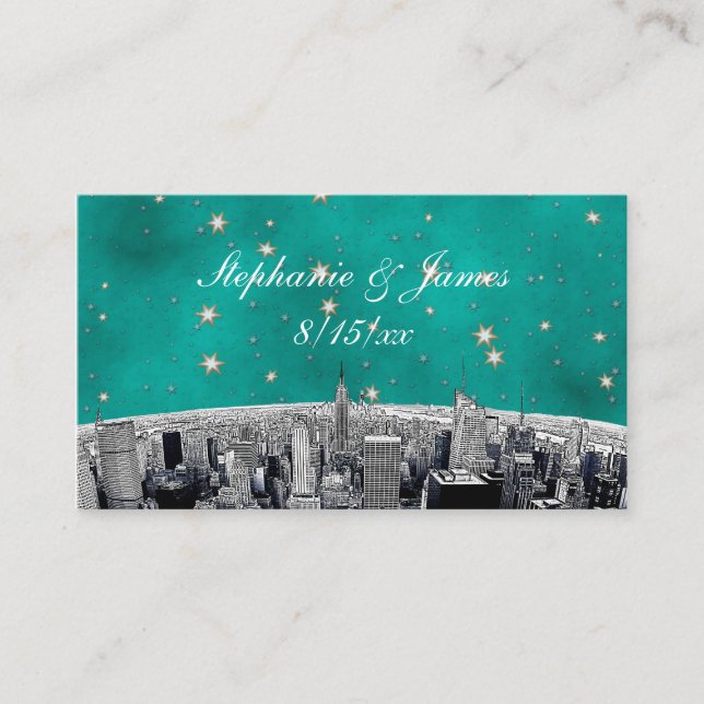 Tarjeta De Mesa Etched NYC Skyline 2 Verde azulada Gold Star Place (Anverso)