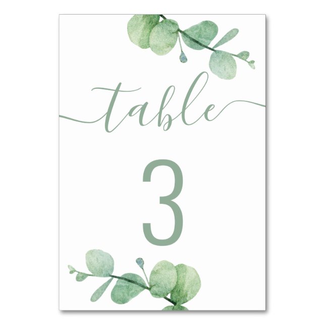 Tarjeta De Mesa Eucalipto acuarela. Boda de guión elegante (Anverso)