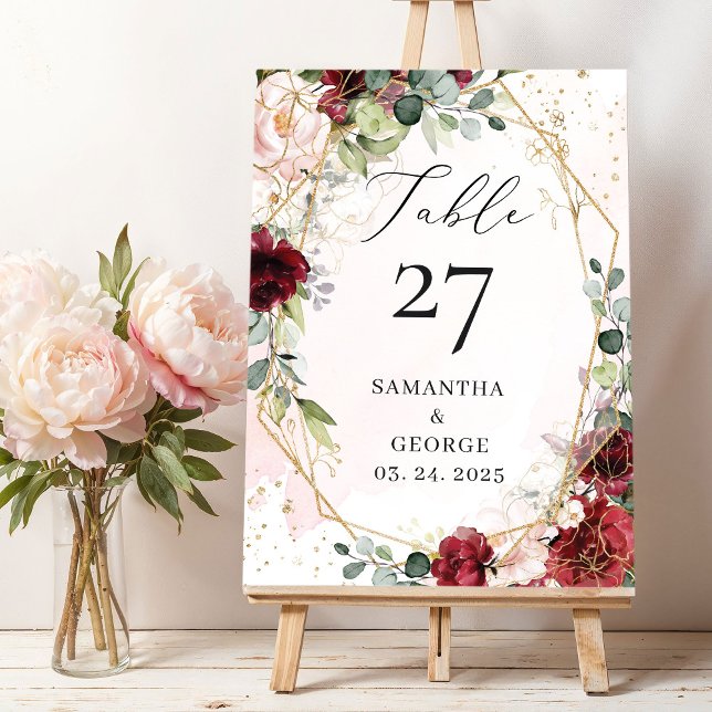 Tarjeta De Mesa Eucalipto de oro floral de Boho burgundy (Boho blush burgundy eucalyptus gold geometric wedding table number )