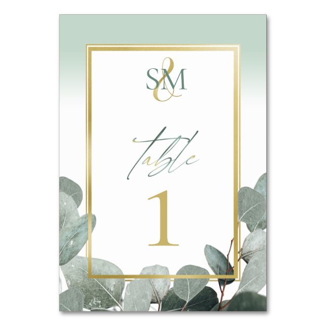 Tarjeta De Mesa Eucalyptus boda sage green monogram (Anverso)
