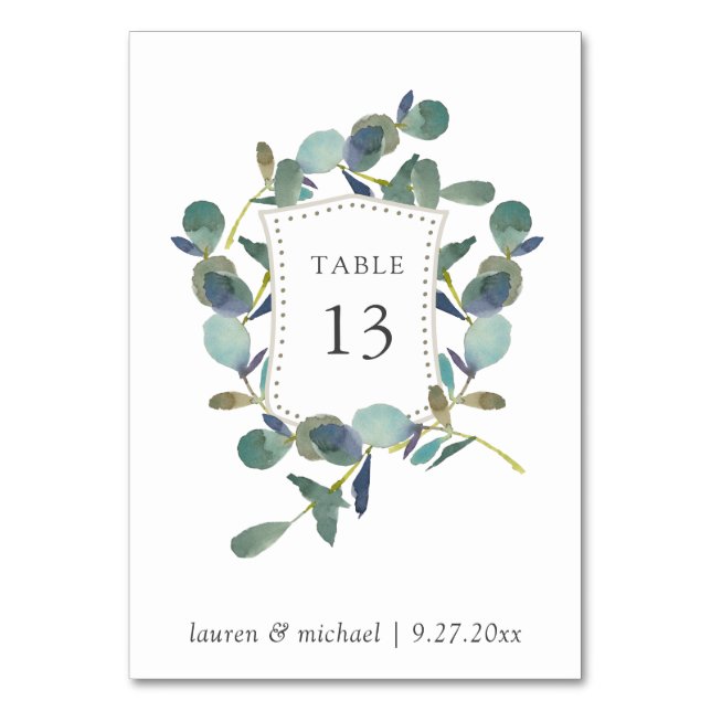 Tarjeta De Mesa Eucalyptus Escudo | Boda acuarela (Anverso)