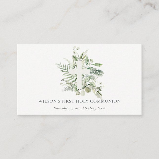 Tarjeta De Mesa Eucalyptus Fern Foliage Cross First Holy Communia (Anverso)
