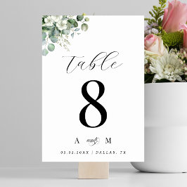 Tarjeta De Mesa Eucalyptus Floral & Monograma Elegante Boda Blanco