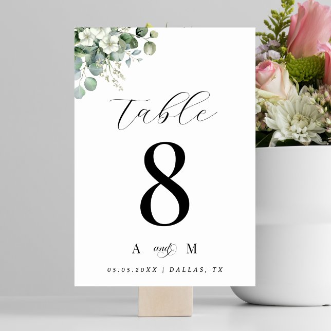 Tarjeta De Mesa Eucalyptus Floral & Monograma Elegante Boda Blanco (Subido por el creador)
