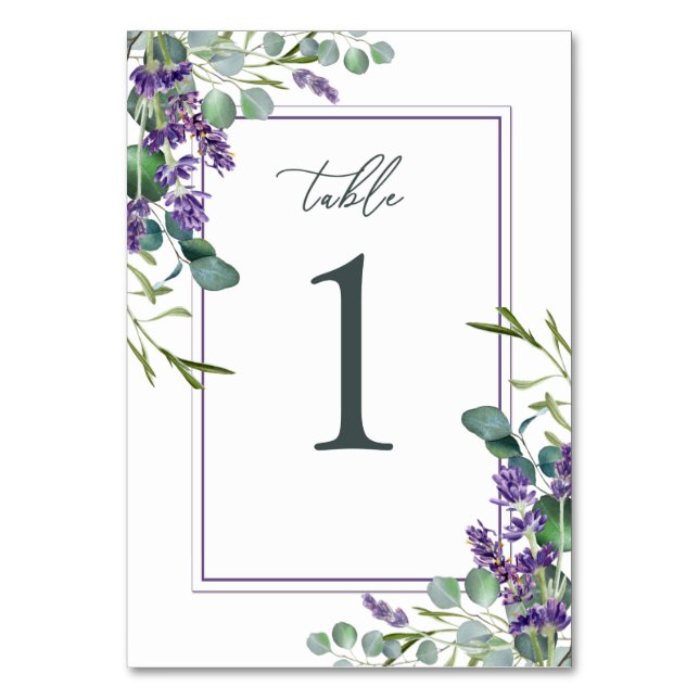 Tarjeta De Mesa Eucalyptus Foliage Lavender Flores Número de tabla (Anverso)