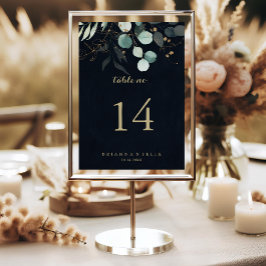 Tarjeta De Mesa Eucalyptus Gold Floral Calligraphy Blue Boda