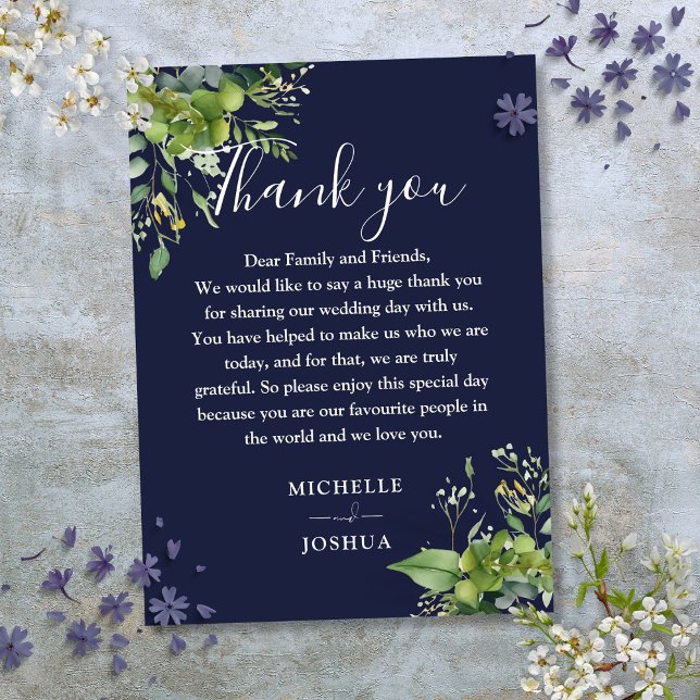 Tarjeta De Mesa Eucalyptus Greenery Navy Blue Boda Gracias (Eucalyptus Greenery Navy Blue Wedding Thank You Place Card)