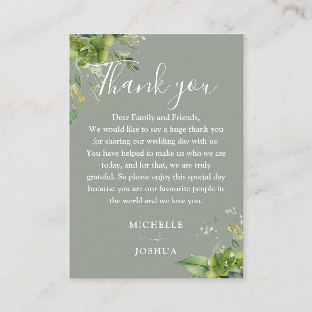 Tarjeta De Mesa Eucalyptus Greenery Sage Green Boda Gracias (Anverso)