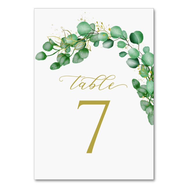 Tarjeta De Mesa Eucalyptus Greenery y Boda de guiones elegantes (Anverso)