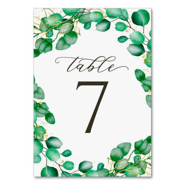 Tarjeta De Mesa Eucalyptus Greenery y Boda de guiones elegantes (Anverso)