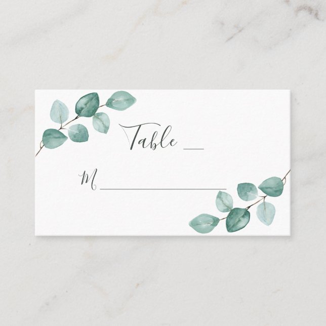 Tarjeta De Mesa Eucalyptus moderno acuarela Boda de escritura negr (Anverso)