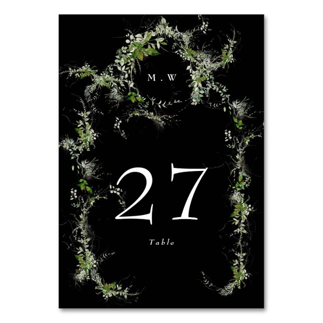 Tarjeta De Mesa Eucalyptus Wreath Premium Black Monograma Boda (Anverso)
