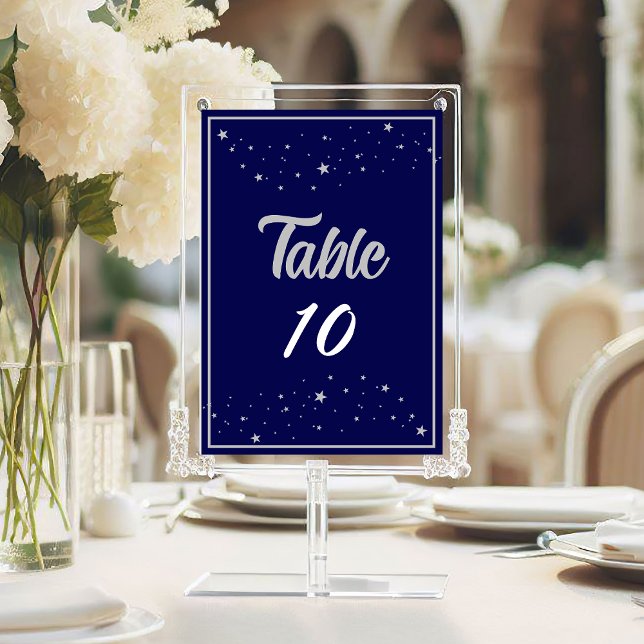 Tarjeta De Mesa Evento de gala de caridad de la empresa Elegant Si (Company Charity Gala Event Elegant Silver Navy Blue Table Number with Silver Stars.)
