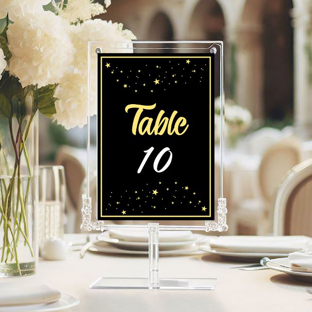 Tarjeta De Mesa Evento elegante Gold Black de la organización bené (Company Charity Gala Ball Event Elegant Black Gold Table Number with Stars.)