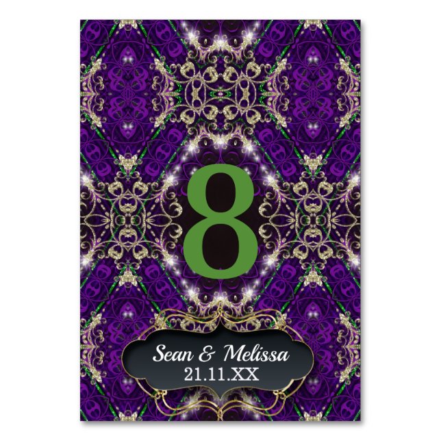 Tarjeta De Mesa Evento único Purple Green Gold Sparkle (Anverso)