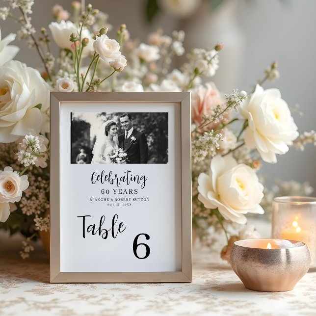 Tarjeta De Mesa Exquisite Black White Elegant Wedding Anniversarie (Exquisite Black & White Elegant Wedding Anniversarie 2 Photos Table Numbers Cards.)