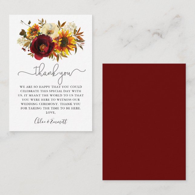 Tarjeta De Mesa Fall Sunflower Burgundy Floral Boda Gracias (Anverso / Reverso)
